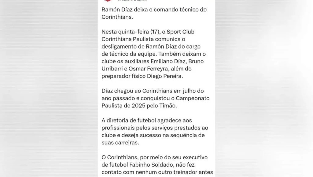 Caiu! Corinthians informa demissão de Ramón Díaz | Gazeta Esportiva