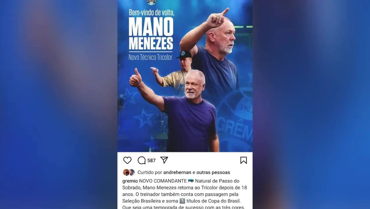 Grêmio anuncia oficialmente Mano Menezes como novo treinador do clube Imagem ilustrativa para a matéria