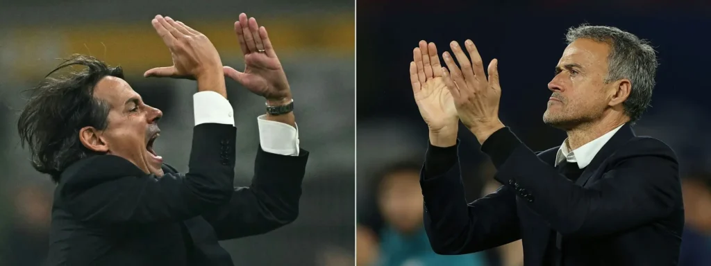 Imagem mostra o técnico italiano do Inter de Milão, Simone Inzaghi (E), reagindo durante a partida de futebol da Série A italiana entre Inter de Milão e Napoli no estádio San Siro, em Milão, em 10 de novembro de 2023, e o técnico espanhol do Paris Saint-Germain, Luis Enrique, reage após perder a partida de futebol da Liga dos Campeões da UEFA entre Paris Saint-Germain (PSG) e Atlético de Madrid, no estádio Parc des Princes, em Paris, em 6 de novembro de 2024.