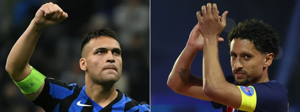 Imagem mostra o atacante argentino #10 Lautaro Martinez (E) do Inter de Milão comemorando após o Inter de Milão vencer a partida de volta da semifinal da Liga dos Campeões da UEFA entre Inter de Milão e FC Barcelona no estádio San Siro, em Milão, em 6 de maio de 2025, e o zagueiro brasileiro #05 Marquinhos, do Paris Saint-Germain, comemorando o título de campeão de sua equipe após a partida de futebol da L1 francesa entre Paris Saint-Germain (PSG) e AJ Auxerre no Estádio Parc des Princes, em Paris, em 17 de maio de 2025.