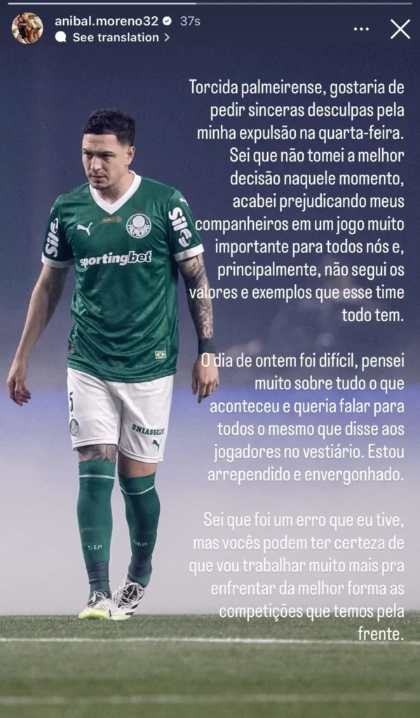 Pedido de perdão no Verdão: Aníbal Moreno quebra o silêncio após expulsão no Dérbi