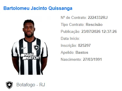 Bastos tem rescisão publicada no BID e não joga mais pelo Botafogo