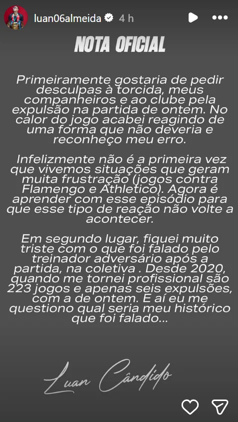 Luan Cândido reconhece erro após expulsão e questiona técnico do Palmeiras: “Que histórico eu tenho?”