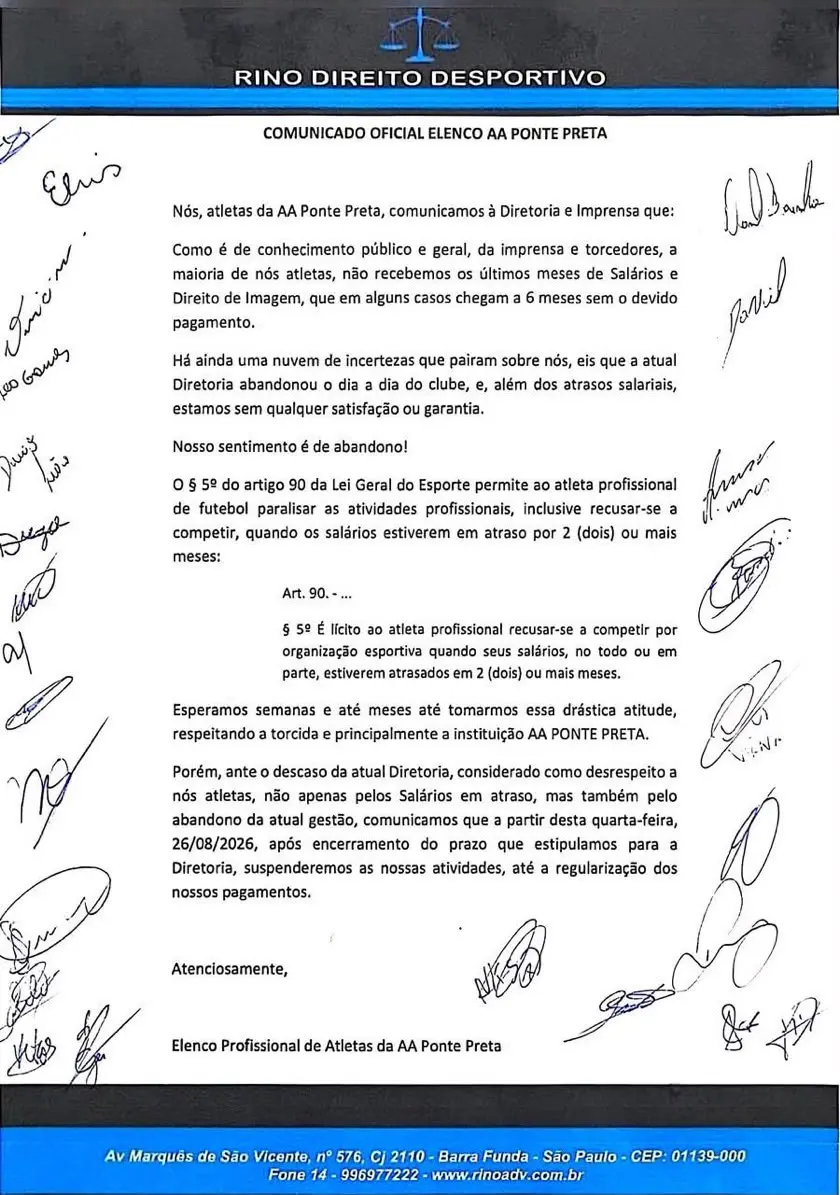 Jogadores da Ponte Preta entram em greve após meses sem receber