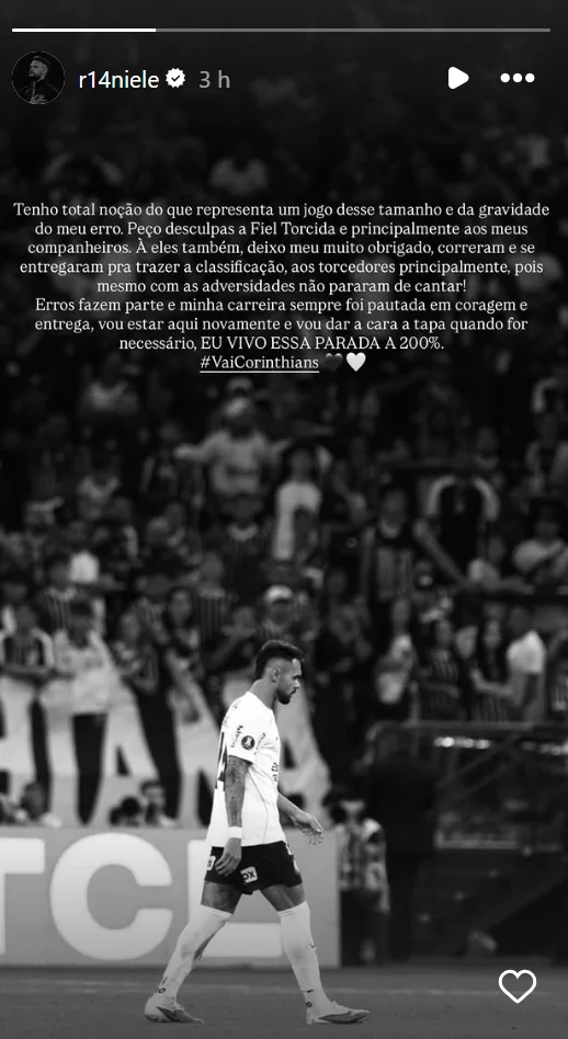 Raniele pede desculpas à torcida do Corinthians após expulsão: “Erros fazem parte”