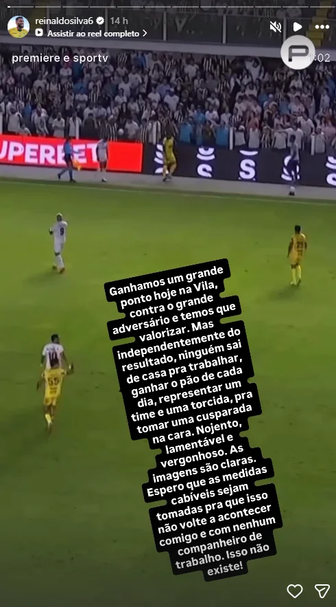 Reinaldo faz desabafo após levar cusparada em jogo contra o Santos: “Nojento, lamentável e vergonhoso”
