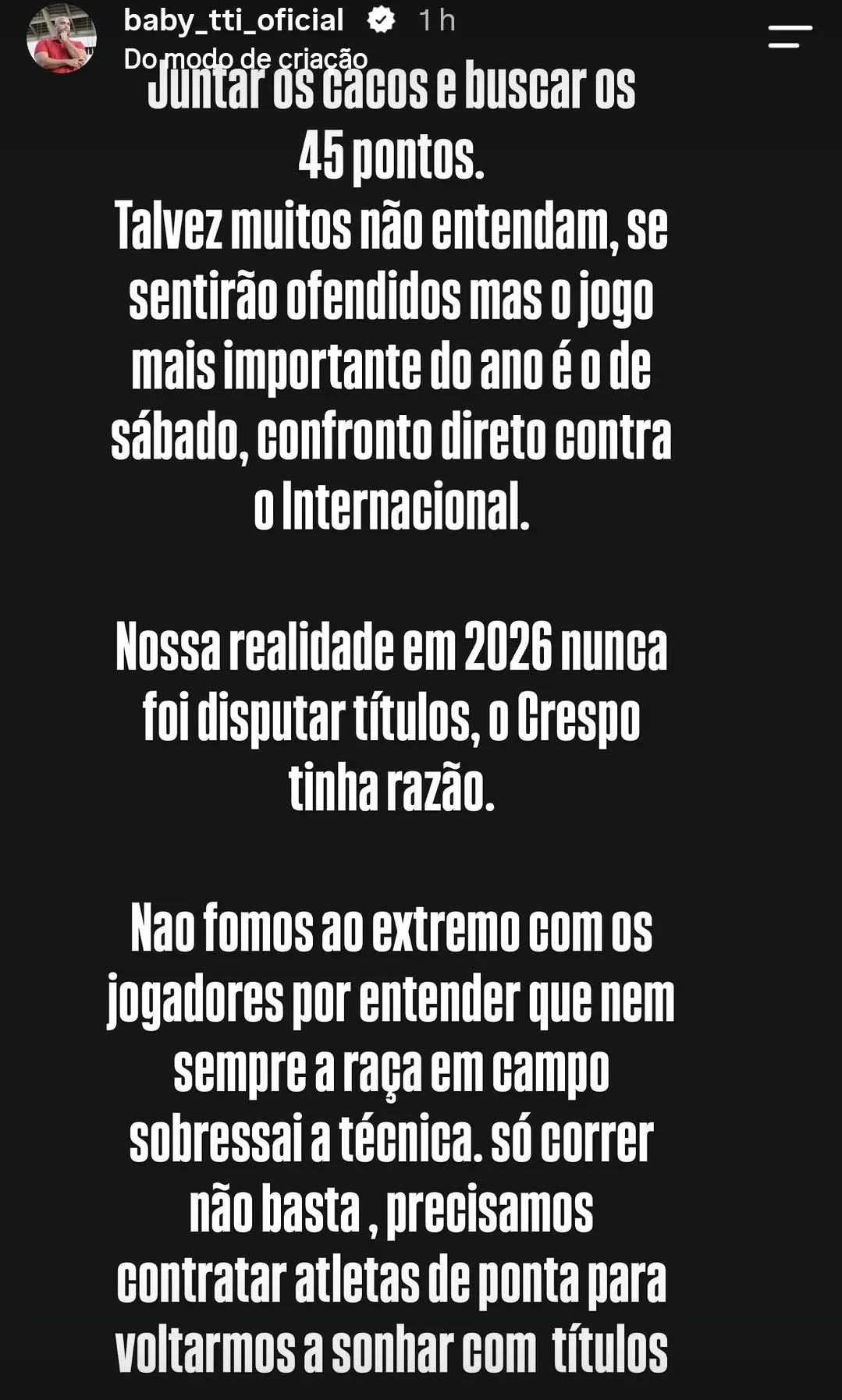 Presidente de organizada do São Paulo defende fala de Crespo após eliminação: “Tinha razão”