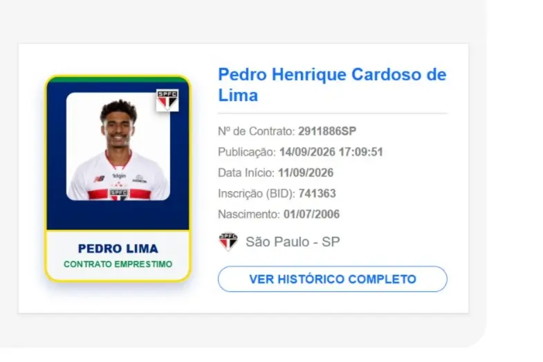 Pedro Lima é registrado no BID, mas será baixa no São Paulo contra o Boca