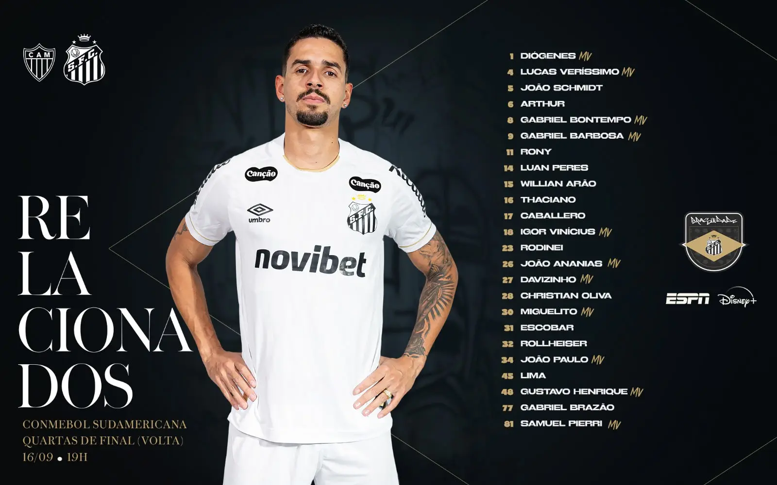 Com Veríssimo e ainda sem Coutinho, Santos divulga relacionados para decisão contra o Atlético-MG