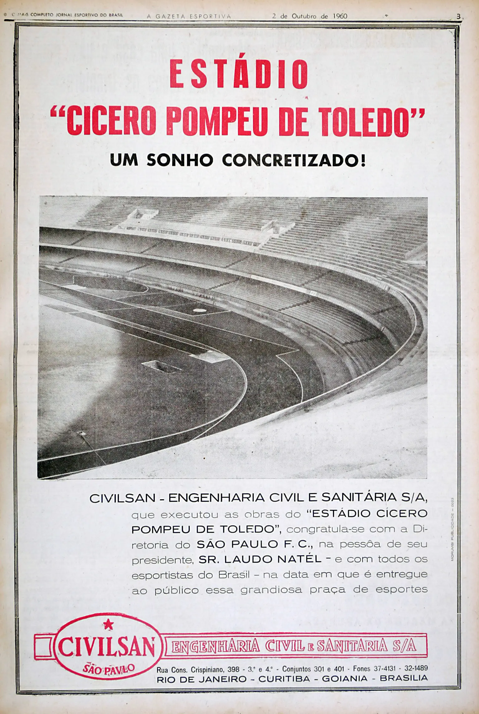 Há 66 anos, A Gazeta Esportiva trazia em suas páginas a inauguração do Estádio Cícero Pompeu de Toledo