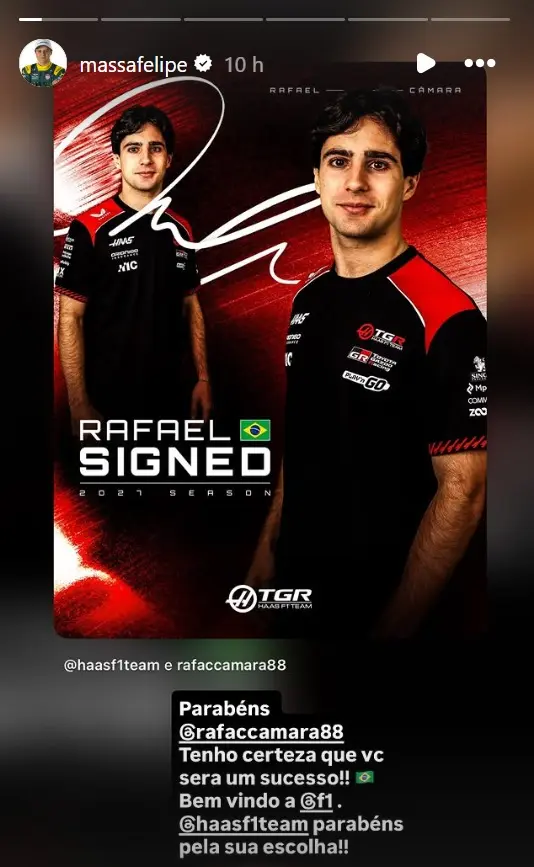 Felipe Massa exalta chegada de Rafael Câmara à Fórmula 1: “Será um sucesso”