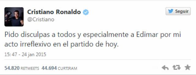 Já mais calmo após o ato, Cristiano Ronaldo se desculpou publicamente por ter agredido brasileiro Edimar
