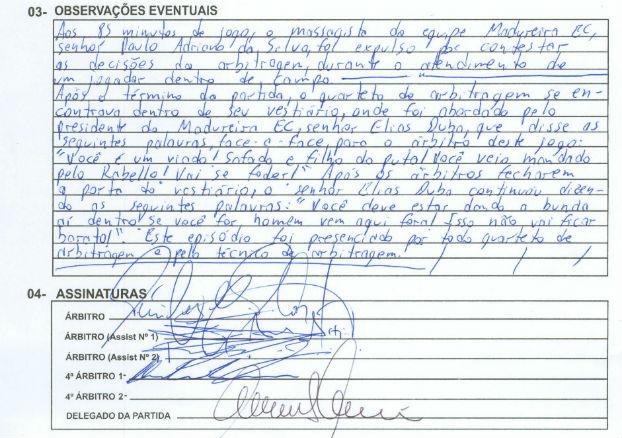 O árbitro Péricles Bassols relatou as ofensas de Elias Duba após a derrota para o Fluminense