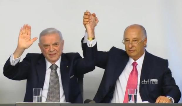 Empossado presidente da CBF, Del Nero (à dir.) sucede Marin no principal cargo do futebol nacional