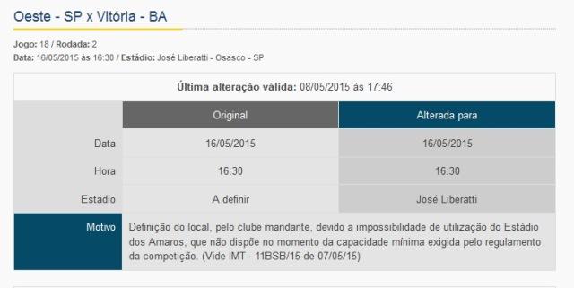CBF anunciou nesta segunda-feira o palco do confronto entre Osasco x Vitória, pela Série B do Brasileirão