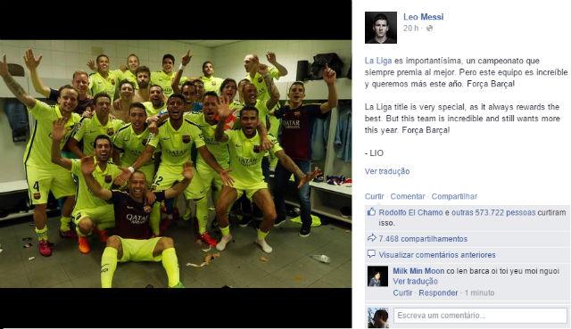 Em rede social, Messi assume que título espanhol não mascara a busca pela tríplice coroa em 2015