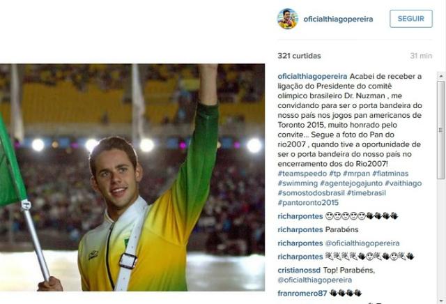 O nadador Thiago Pereira será o porta-bandeira do Brasil na abertura do Pan de Toronto