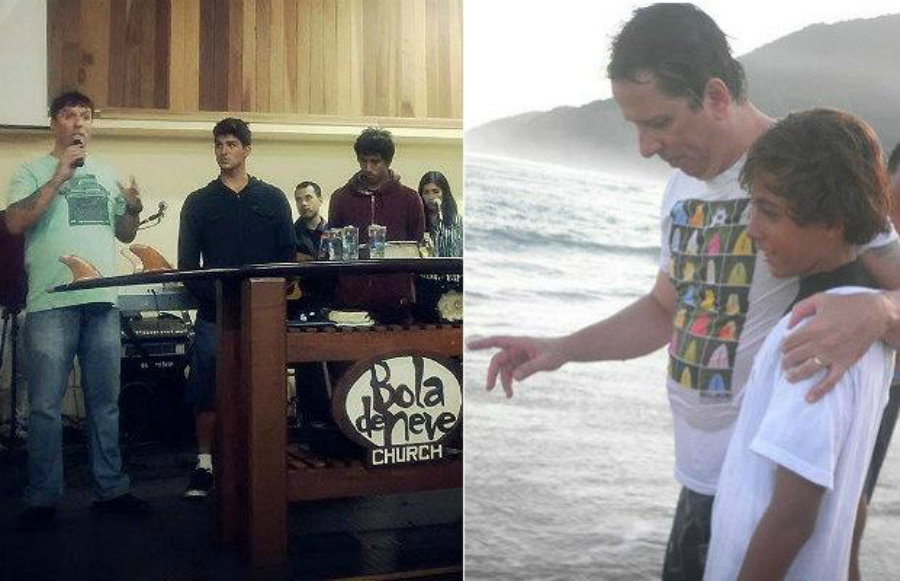 Pastor da Bola de Neve de Boiçucanga pregou com Medina e batizou o prodígio Samuel Pupo no mar (Fotos: Acervo Pessoal)