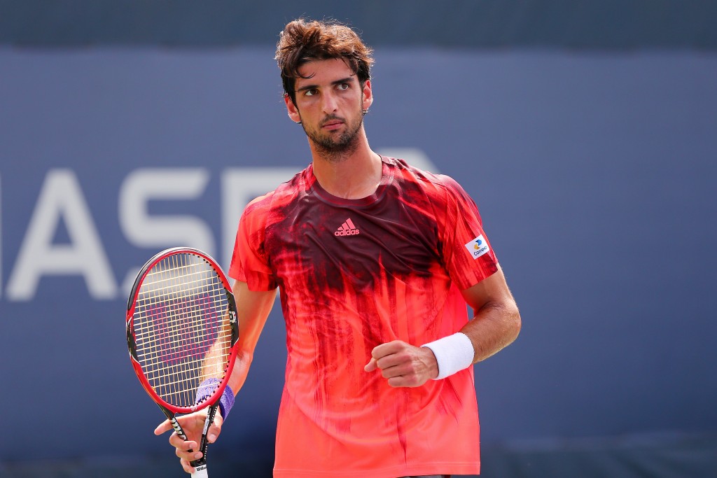 NEW YORK, NY - SEPTEMBER 01: Thomaz Bellucci of Brazil reacts during his Men's Singles First Round match against James Ward of Great Britain on Day Two of the 2015 US Open at the USTA Billie Jean King National Tennis Center on September 1, 2015 in the Flushing neighborhood of the Queens borough of New York City.   Elsa/Getty Images/AFP