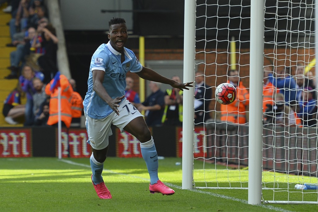 Manchester City's Nigerian striker Kelechi Iheanacho scores the winning goal during the English Premier League football match between Crystal Palace and Manchester City at Selhurst Park in London on September 12, 2015. AFP PHOTO / GLYN KIRK RESTRICTED TO EDITORIAL USE. No use with unauthorized audio, video, data, fixture lists, club/league logos or 'live' services. Online in-match use limited to 75 images, no video emulation. No use in betting, games or single club/league/player publications.