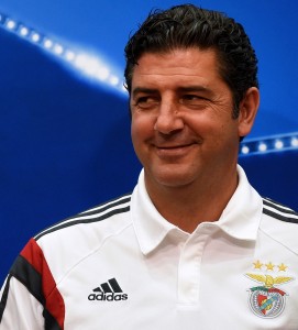 Benfica's coach Rui Vitoria smiles during a press conference at Benfica's sports facilities in Seixal, outskirts of Lisbon, on September 14, 2015, on the eve of the UEFA Champions League Group C football match SL Benfica vs FC Astana. AFP PHOTO/ FRANCISCO LEONG