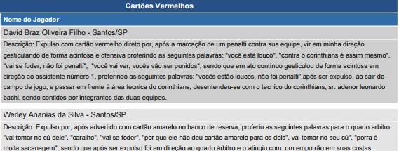 O documento também explicou a expulsão de Werley, ainda no banco de reservas (foto: reprodução/CBF)