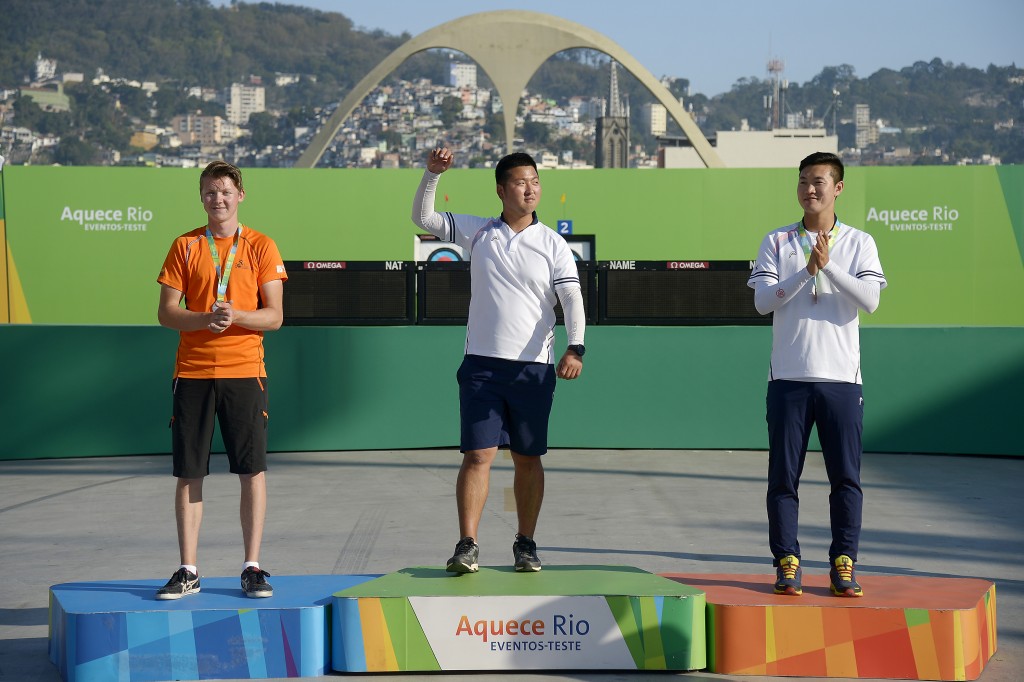 No evento-teste realizado na Sapucaí, Kim Woojin da Coreia do Sul, ficou com o ouro (Foto: Rio2016/Alexandre Loureiro)