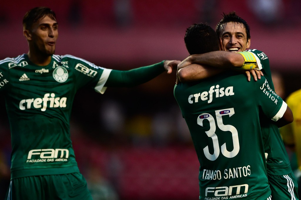 O meia Robinho foi muito festejado pelos jogadores do Palmeiras após o gol (Foto: Fernando Dantas/Gazeta Press)