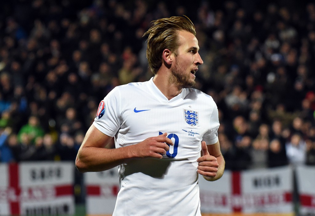 England's Harry Kane reacts after scoring a goal  during the Euro 2016 Group E qualifying football match between Lithuania and England at LFF stadium in Vilnius on October 12, 2015. AFP PHOTO / JANEK SKARZYNSKI