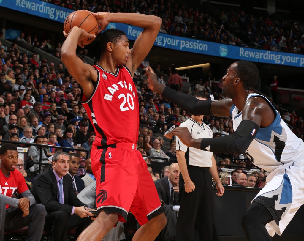OTTAWA, ON - OCTOBER 14: Bruno Caboclo #20 of the Toronto Raptors handles the ball against the Minnesota Timberwolves at Canadian Tire Centre on October 14, 2015 in Ottawa, Ontario, Canada. NOTE TO USER: User expressly acknowledges and agrees that, by downloading and or using this photograph, User is consenting to the terms and conditions of the Getty Images License Agreement. Mandatory Copyright Notice: Copyright 2015 NBAE   Jana Chytilova/NBAE via Getty Images/AFP
