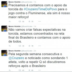 Vice de futebol celeste destacou que Cruzeiro só falará de reforços ao final do Brasileiro (Twitter/Reprodução)