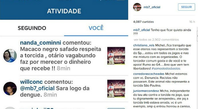 Michel Bastos republicou as ofensas que recebeu no Instagram (Foto: Reprodução)