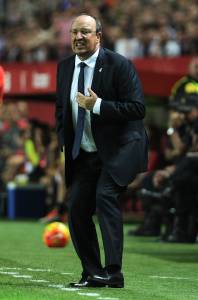 Real Madrid's coach Rafael Benitez gestures during the Spanish league football match Sevilla FC vs Real Madrid CF at the Ramon Sanchez Pizjuan stadium in Sevilla on November 8, 2015. AFP PHOTO/ CRISTINA QUICLER