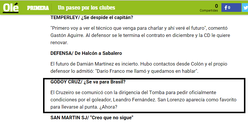 Diário Olé destacou consulta do clube celeste pelo centroavante argentino (Reprodução/Internet)