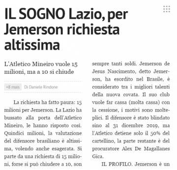 Corriere dello Sport definiu Jemerson como "sonho" da Lazio (Reprodução)