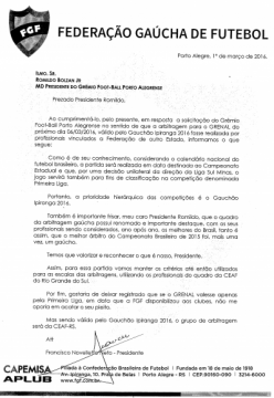 Federação Gaúcha divulgou resposta oficial sobre o pedido do Grêmio por um árbitro de outra federação no Gre-Nal de domingo (Foto: Divulgação)
