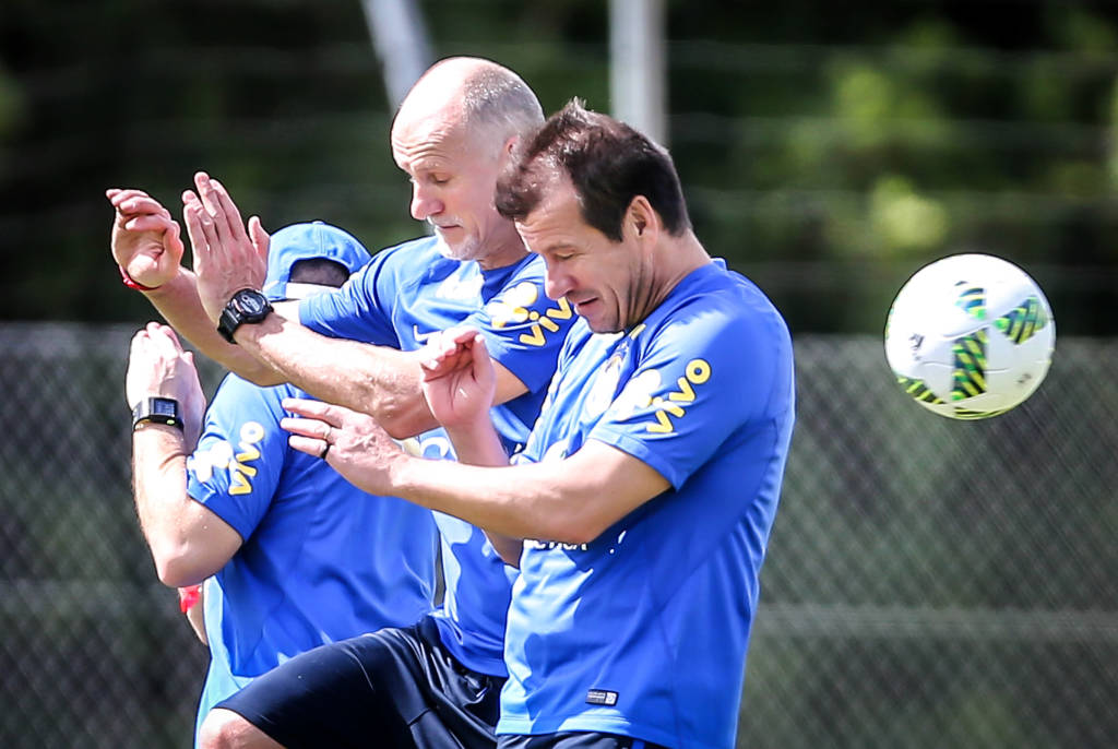 Técnico Dunga e preparador de goleiros Taffarel durante treino (Foto: Jefferson Bernardes/AFP)