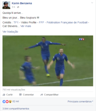 Postagem de Benzema relembrou gols mais bonitos pela seleção da França (Foto:Reprodução/Facebook)
