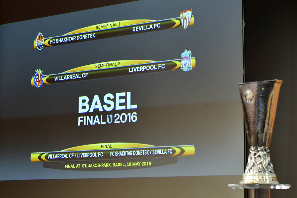 A screen shows the clubs that will be facing each other during the semi-final draw for the UEFA Europa League at the UEFA headquarters in Nyon on April 15, 2016. AFP PHOTO / FABRICE COFFRINI / AFP PHOTO / FABRICE COFFRINI