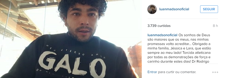 Jogador divulgou um vídeo no Instagram para agradecer pela ajuda na recuperação (Foto:Reprodução)