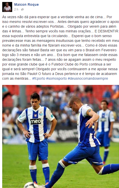 No Facebook, Maicon desmentiu falsa entrevista em que criticava o Porto, clube ao qual pertence