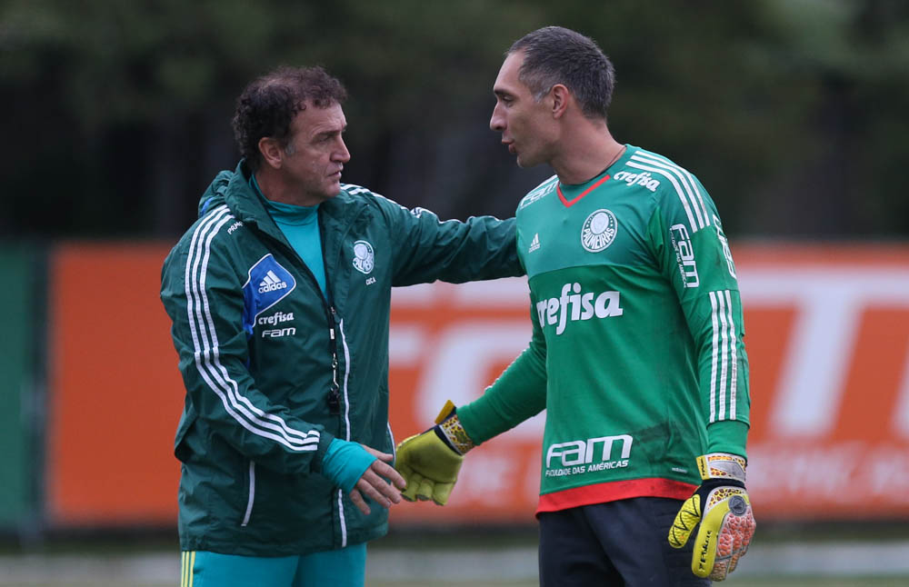 Técnico Cuca conversa com recuperado goleiro Fernando Prass (Foto: Cesar Greco/Divulgação)