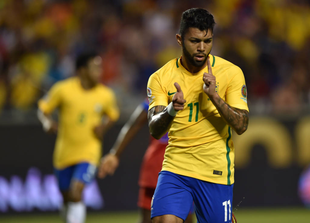 Brazil's Gabriel celebrates after scoring against Haiti during a Copa America Centenario football match in Orlando, Florida, United States, on June 8, 2016. / AFP PHOTO / Hector RETAMAL