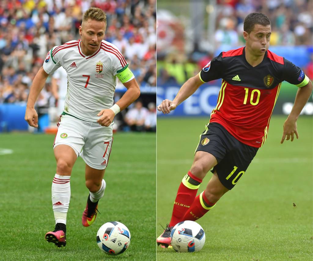 (COMBO) This combination of pictures created on June 23, 2016 shows Hungary's midfielder Balazs Dzsudzsak in action during the Euro 2016 group F football match between Iceland and Hungary at the Stade Velodrome in Marseille on June 18, 2016 and Belgium's forward Eden Hazard in action during the Euro 2016 group E football match between Belgium and Ireland at the Matmut Atlantique stadium in Bordeaux on June 18, 2016. Belgium will face Hungary in Toulouse on June 26, 2016 in the round of 16 of the Euro 2016 football tournament. / AFP PHOTO / BORIS HORVAT AND LOIC VENANCE