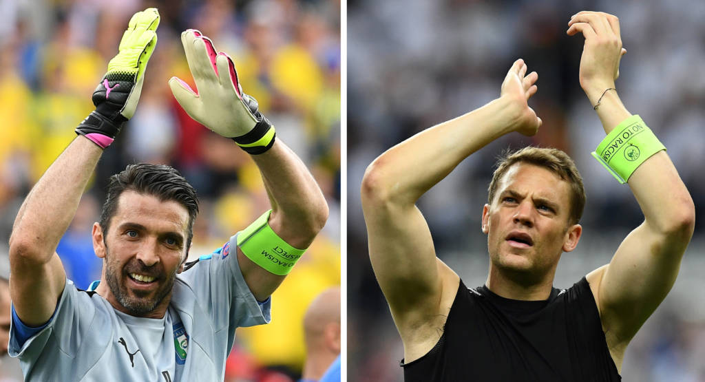 A partida marcará o duelo entre os goleiros Buffon (esq) e Neuer (dir) (Foto: Franck FIFE e Vincenzo PINTO/AFP)