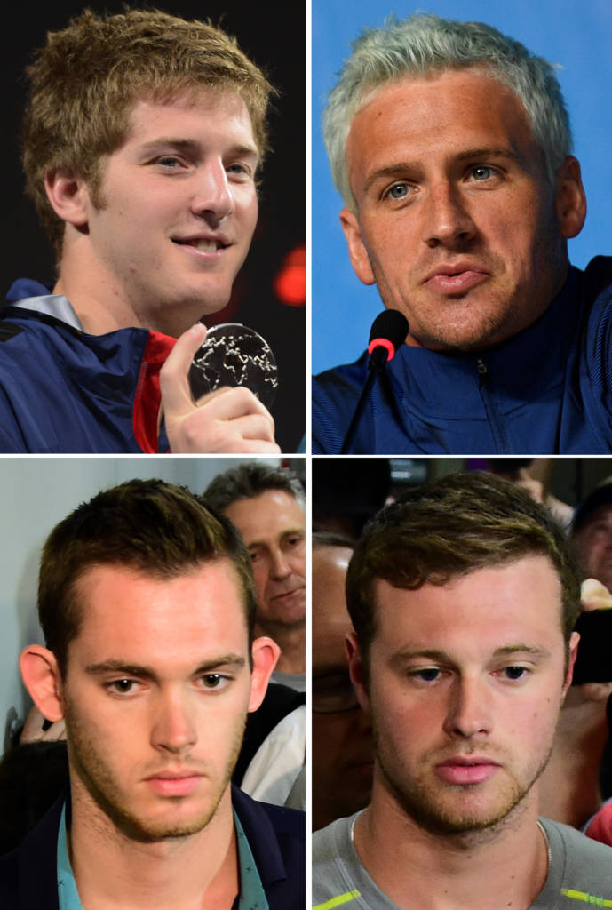 Combination picture made on August 18, 2016 shows USA's swimmer James Feigen (top L), Ryan Lochte (top R) Gunnar Bentz (bottom L) and Jack Conger.  Amid the turmoil engulfing Ryan Lochte and three other US swimmers over their mugging story, Rio organisers on August 18, 2016 gave them words of sympathy. "Let's give these kids a break," said Rio 2016 chief spokesman Mario Andrada, who had earlier given a full apology for the supposed ordeal they had gone through in a gunpoint robbery. The story has unravelled in a police investigation with reports of Lochte, Jack Conger, Gunnar Bentz and James Feigen in a fight at a Rio gas station.  / AFP PHOTO / STAFF