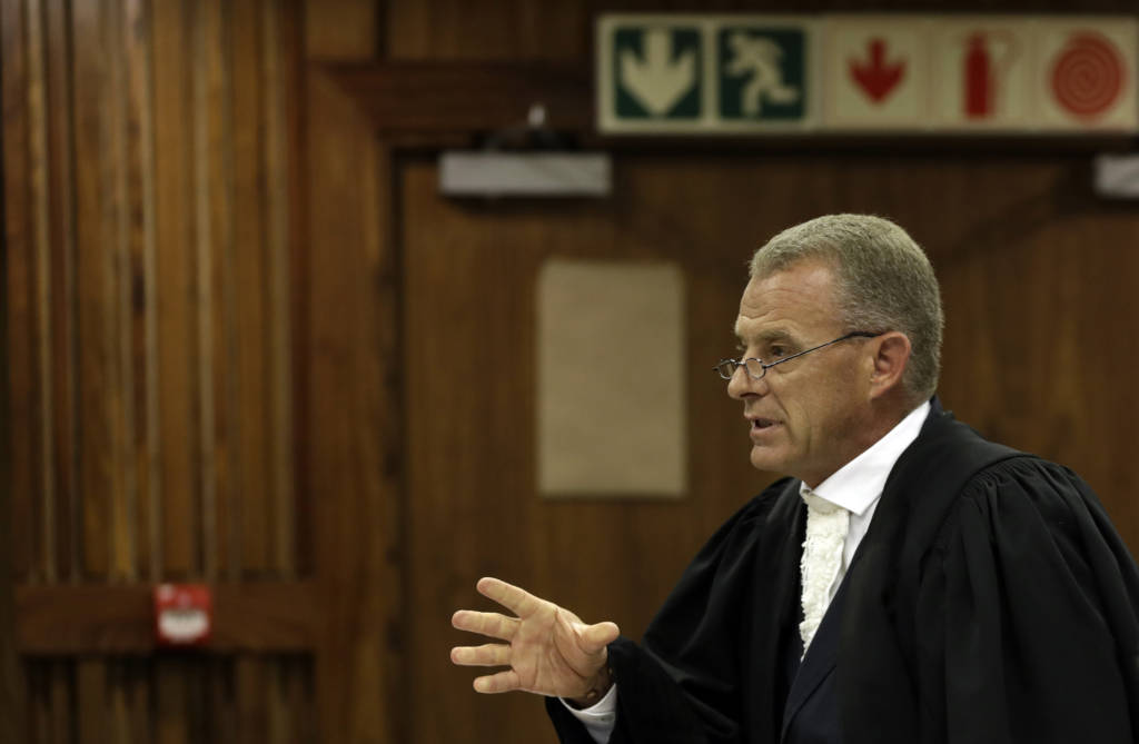 South African chief state prosecutor Gerrie Nel addresses the judge during the state appeal hearing at the high court in Johannesburg, on August 26, 2016 as the State challenges a ruling against convicted murderer Paralympian Oscar Pistorius who received six years for the murder of his girlfriend, Reeva Steenkamp.  Thokozile Masipa -- the same judge who imposed the sentence last month -- rejected the state's appeal seeking a longer jail sentence, saying that she was not persuaded there was a "reasonable prospect of success on appeal".  / AFP PHOTO / POOL / Themba Hadebe