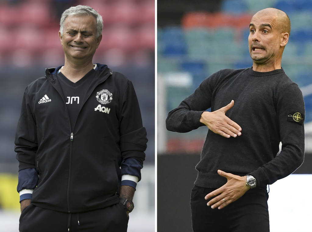 Os técnicos Guardiola e Mourinho têm uma histórica rivalidade (Foto: Jon SUPER e Jonathan NACKSTRAND/AFP)