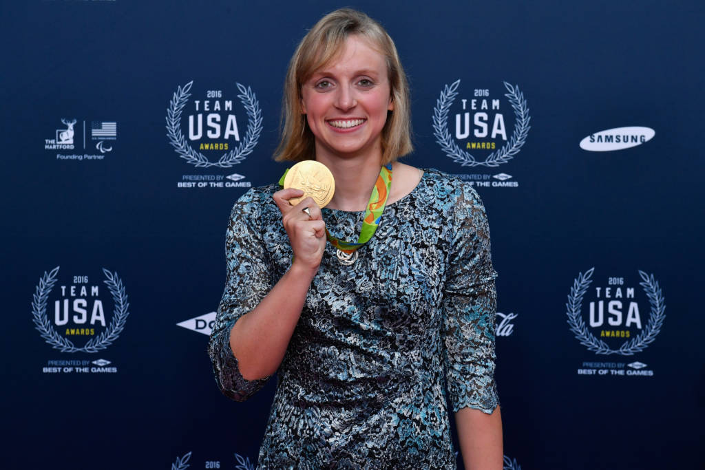 WASHINGTON, DC - SEPTEMBER 28: Gold medalist swimmer Katie Ledecky poses for a photo on the red carpet during the Team USA Awards presented by Dow, Best of the Games at McDonough Gymnasium on September 28, 2016 in Washington, DC. Larry French/Getty Images for USOC/AFP