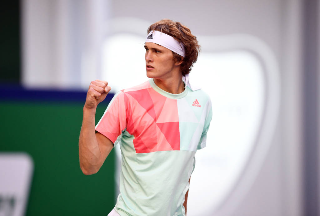 Alexander Zverev of Germany reacts after a point against John Isner of the US during their first round men's singles match at the Shanghai Masters tennis tournament in Shanghai on October 10, 2016. / AFP PHOTO / JOHANNES EISELE